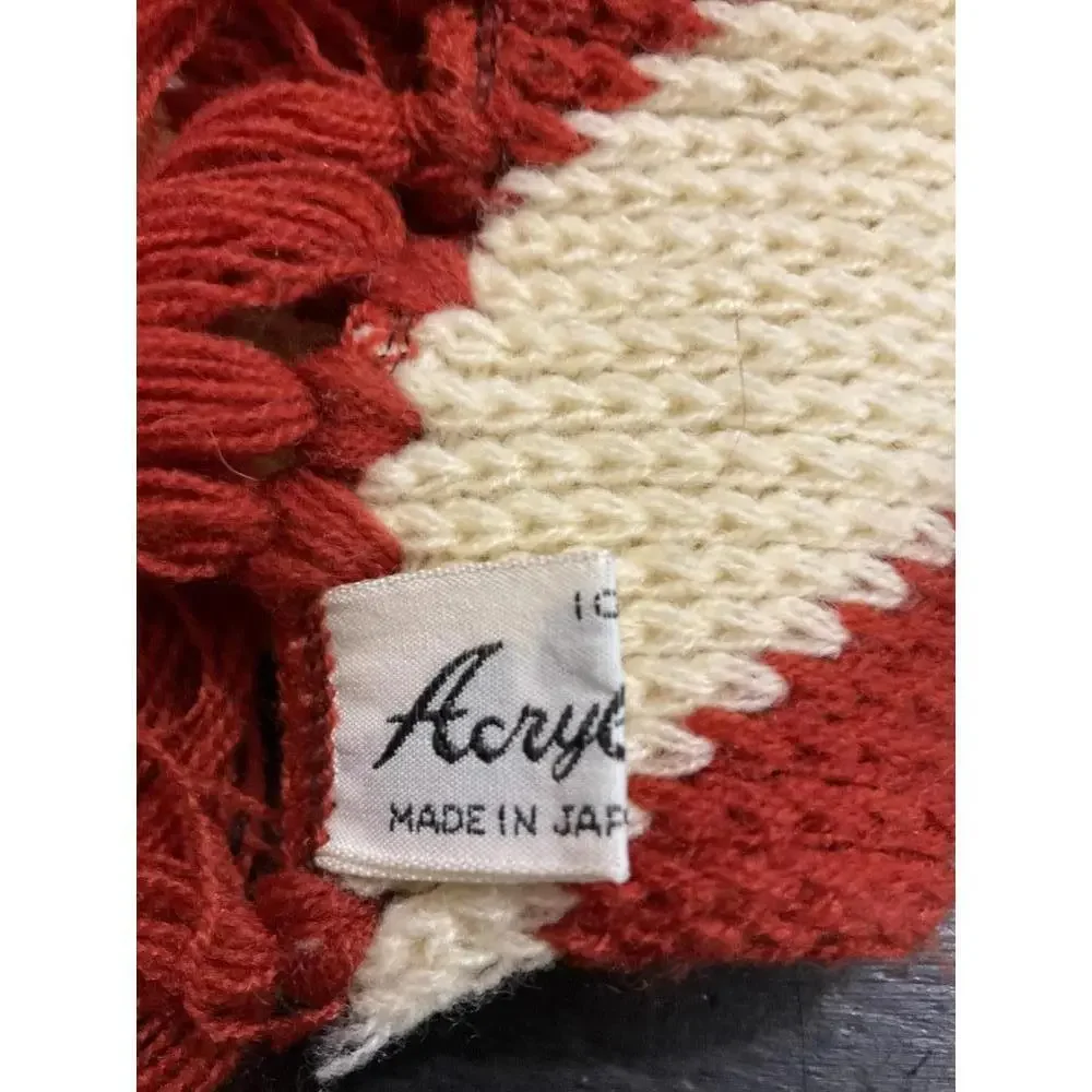Vintage Brick Red and Cream Striped Acrylic Knit Scarf with Fringe